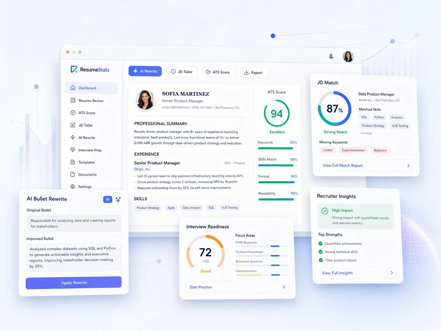 ResumeStats - AI Resume Builder with ATS Score, JD Match, and AI Bullet Rewrite